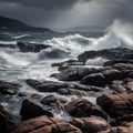 Fierce Waves Against Rocky Coastline Amidst Storm Clouds