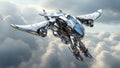 jet in flight with spread wings and anamorphic lens flares. AI generated