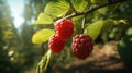 Abundant Clusters of Juicy Raspberries Adorn a Lush Branch in Nature\'s Bounty - AI Generative