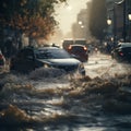 Raging Waters: Cars Helplessly Swept Away in Torrential Flood Royalty Free Stock Photo