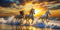 Majestic Horses Gallop Across a Golden Sunset Beach Ocean Waves Crashing A Breathtaking AIGenerated Photo of Powerful