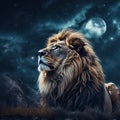 Celestial Contemplation: Majestic Lion Gazing into Starlit Night Sky
