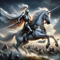 Legendary Charge: Knight in Armor Riding Unicorn into Battle Royalty Free Stock Photo