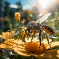 Synthetic Harmony: Electronic Bee Resting on a Vibrant Yellow Blossom