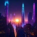 Witness the September Equinox in a futuristic cityscape, towering skyscrapers surrounded by a halo of light