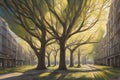 Witness the September Equinox in an urban park, towering trees forming a natural canopy, the interplay of light and shadow