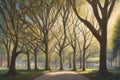 Witness the September Equinox in an urban park, towering trees forming a natural canopy, the interplay of light and shadow