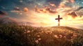 Resplendent Easter Dawn: Cross Amidst Wildflowers in Morning Light Royalty Free Stock Photo