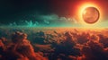 Witness a solar eclipse emerging in the sky above a blanket of clouds, Ai Generated Royalty Free Stock Photo