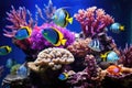 Witness a spectacular showcase of an array of colorful fish swimming gracefully in a spacious aquarium., A school of multicolored