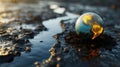 Witness the startling contrast as an Earth globe floats on a gasoline puddle, igniting into flames. Ai Generated