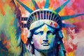 Witness a surreal sight as the Statue of Liberty wields a paintbrush, creating vibrant strokes in an abstract art - style