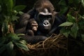 Witness the tender bond between a mother gorilla and her baby as they navigate the lushness of the jungle, A gorilla lovingly