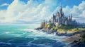 Wizard academy built like a castle with ocean in the background