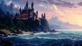 Wizard academy built like a castle with ocean in the background