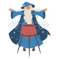 Wizard boils magic potion, icon isolated on white background. Vector illustration. Old magician with beard