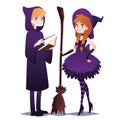 Wizard boy with book and magic stick. Witch girl with broom.