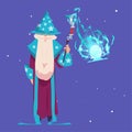 Wizard cartoon. Magic character with with magic staff, old man with grey beard, in robe and hat, sorcerer and alchemist
