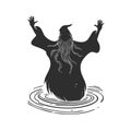 Wizard Casting Spell In Water Silhouette Illustration. Mystical Magic And Fantasy Theme Isolated Vector Illustration Royalty Free Stock Photo