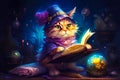 A wizard cat with a book it its paws. Created with Generative AI
