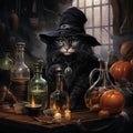 A wizard cat and pumpkins Royalty Free Stock Photo