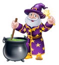 Wizard with Cauldron and Wand Cartoon Royalty Free Stock Photo