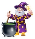 Wizard with Cauldron and Wand Cartoon