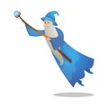 Wizard character in action poses with the wand. Colorful raster illustration in flat cartoon style