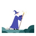 Wizard character casting magic spell in flat vector illustration Royalty Free Stock Photo