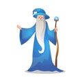 Wizard character poses with the wand. Colorful raster illustration in flat cartoon style