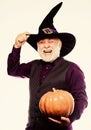 Wizard costume hat Halloween party. Magician witcher old man. Magic concept. Experienced and wise. Magic spell Royalty Free Stock Photo
