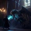 A wizard fighting with a dragon inside castle