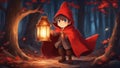 wizard in forest anime inspired A adventurous cartoon character in a red cloak and hat, roaming in the bewitched for