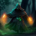 A wizard from future walking in forest with green aura