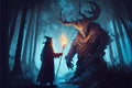 Wizard and giant creature looking at each other in the forest, digital art style, illustration painting