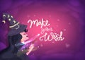 Wizard girl is casting magic, Make your wish messages calligraphy, heart decoration with smoke cloud, greeting card, beautiful