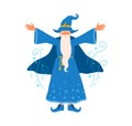 Wizard with gray haired beard raising hands pronounce magic spell vector flat illustration. Old sorcerer making