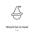 Wizard hat on head outline vector icon. Thin line black wizard hat on head icon, flat vector simple element illustration from