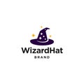 Wizard hat icon logo vector design illustration with stars and blink, witch classic Halloween hat