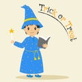 Wizard Holding Spell Book and Wand, Halloween Cartoon Vector Royalty Free Stock Photo