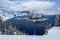 Wizard Island in caldera lake in Crater Lake National Park Oregon USA Royalty Free Stock Photo