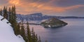 Wizard Island in Crater Lake in Oregon, USA at sunset Royalty Free Stock Photo