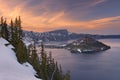 Wizard Island in Crater Lake in Oregon, USA at sunset Royalty Free Stock Photo