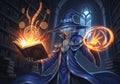 A Wizard in a Library Conjures Magic from an Ancient Tome Royalty Free Stock Photo