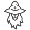 Wizard line icon, Halloween concept, head of wizard or sorcerer sign on white background, person with beard in hat icon