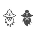 Wizard line and solid icon, Halloween concept, head of wizard or sorcerer sign on white background, person with beard in