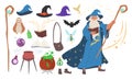 Wizard, magician, warlock, witch tools set, flat vector isolated illustration. Royalty Free Stock Photo
