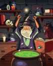 The wizard makes a magic potion in his laboratory