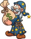 Cartoon wizard holding a big bag of money