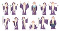 Wizard. Mysterious male magician in robe spelling oldster merlin vector cartoon characters Royalty Free Stock Photo